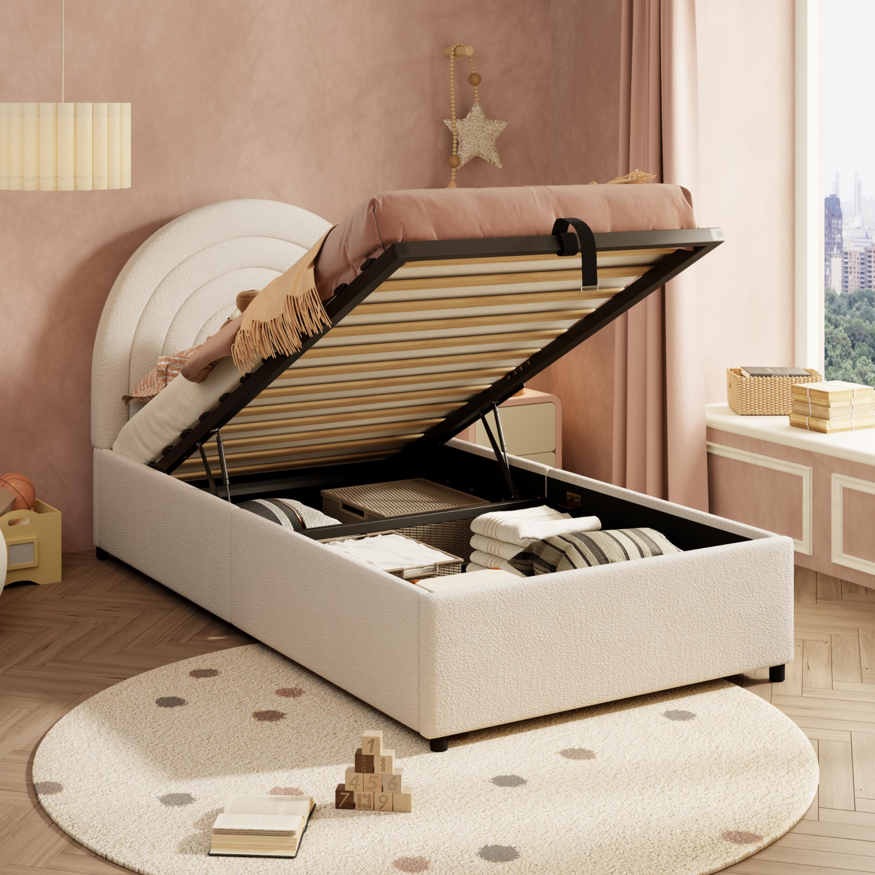 okwish Kinderbett 90×200 Einzelbett mit Matratze mit Lattenrost und Kopfteil,Bettgestell mit Holzlatten und Bettkasten,Beige