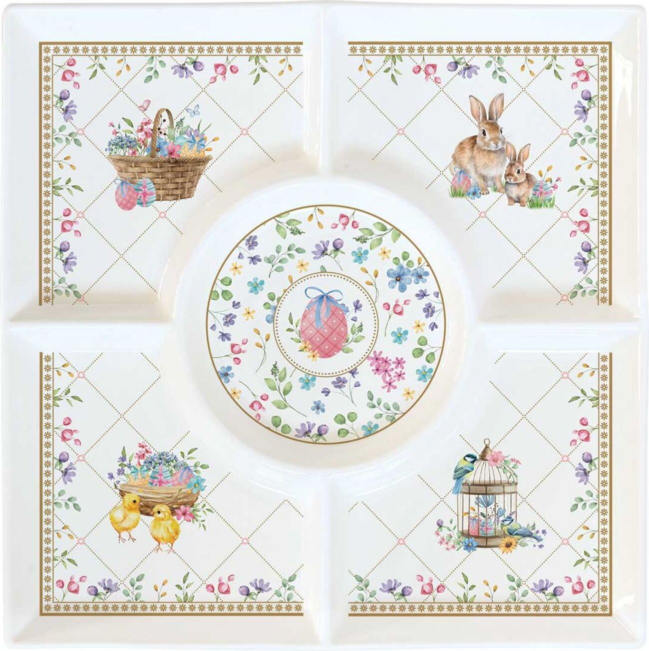 Servierplatte SPRING BLOOM Hasen und Blumen unterteilt 25,5x25,5cm Easy Life R2095#SPBL