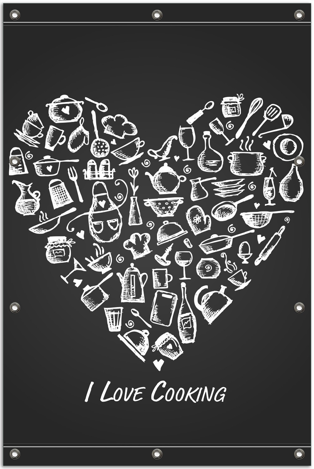 Wallario Outdoor-Poster für Garten oder Balkon, Motiv I Love Cooking - Herz aus Küchenutensilien in schwarz weiß, in ca. 80 x 120 cm goban5019-80120