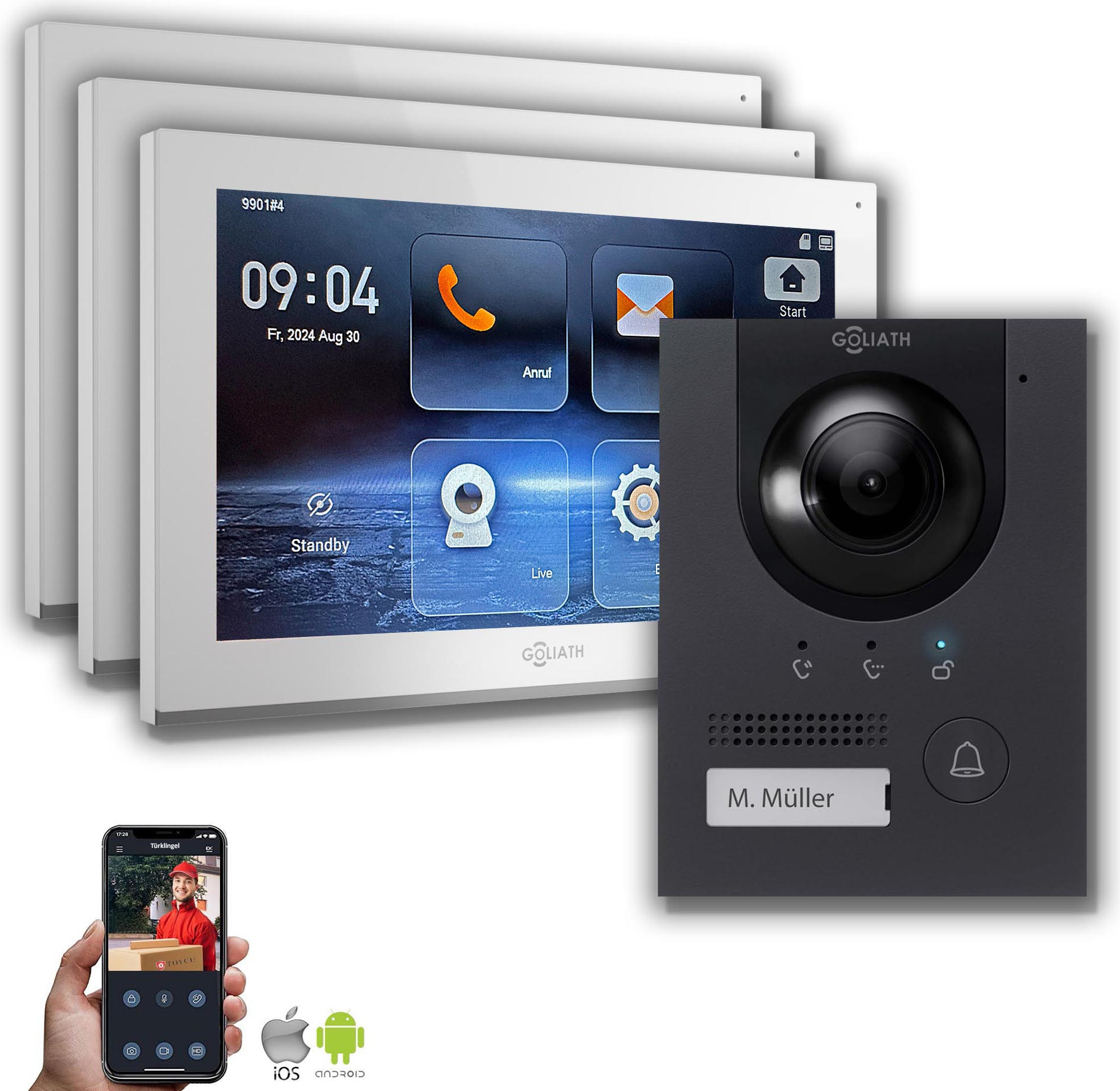 GOLIATH IP Gegensprechanlage | 10 Zoll Monitor | Anthrazit : 3 Monitore : 10 Zoll Weiß : Aufputz Dose Monitor Anzahl: 3 Monitore Monitor Farbe: 10 Zoll Weiß Montage: Aufputz Dose GL-IPH172