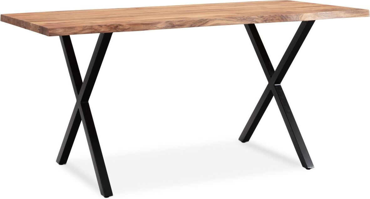 FineBuy Esszimmertisch 160x80x76 cm Akazie Massivholz / Metall Esstisch Baumkante, Küchentisch Massiv mit X-Beinen in Schwarz, Holztisch Speisetisch Esszimmer Rechteckig
