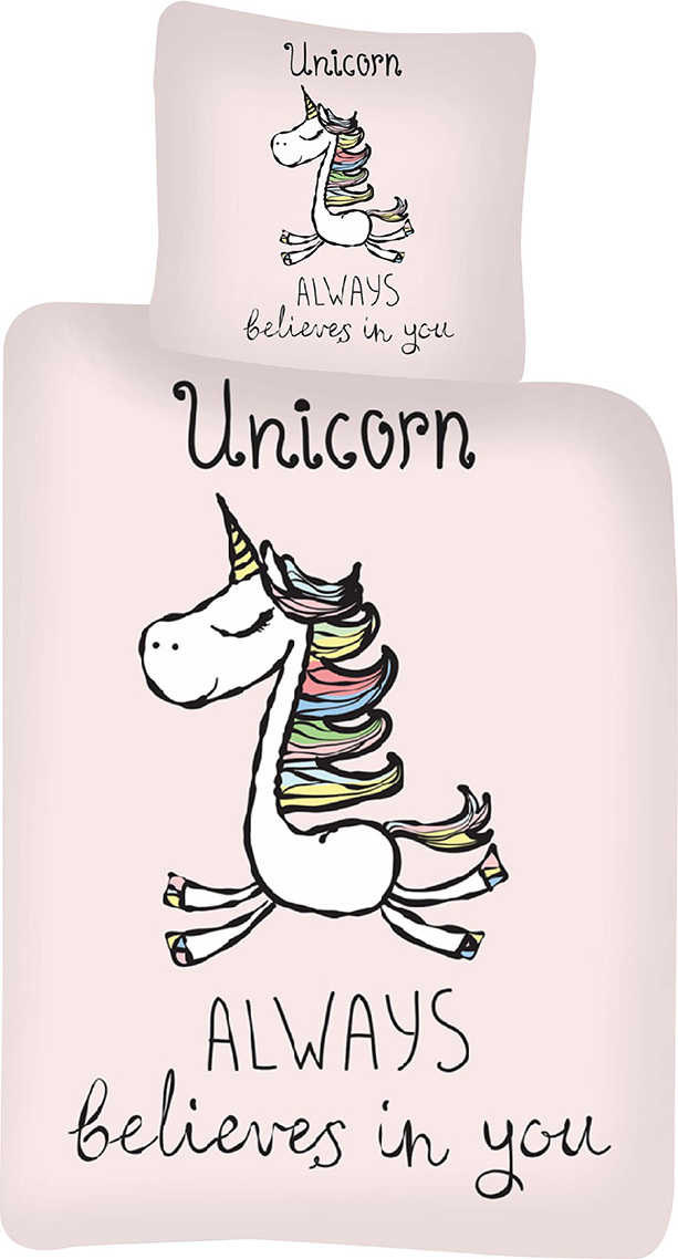 Bettwäsche Set Einhorn Unicorn Always Believes in You, rosa, Bezug Kopfkissen 40 x 45 cm, 100 % Baumwolle, für Babys und Kinder, Mädchen