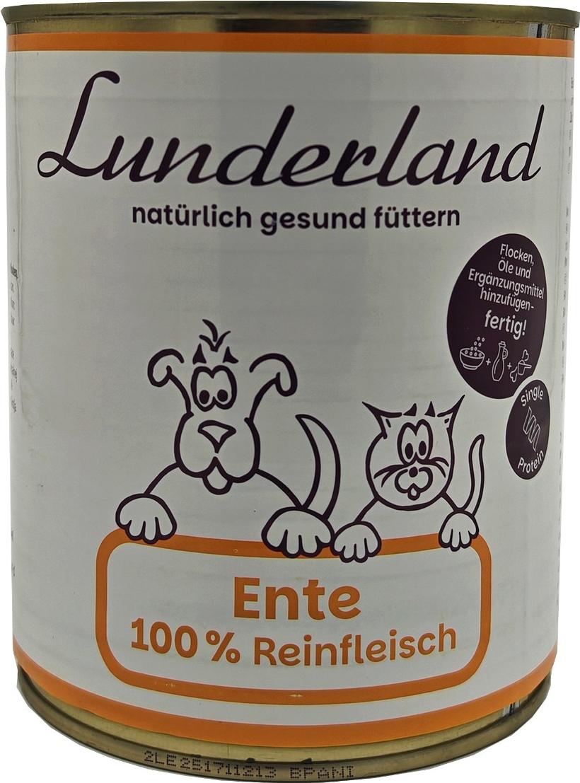 Lunderland Tierfutter Lunderland Reinfleisch Ente 800g 100 % Entenfleisch für Hunde und Katzen