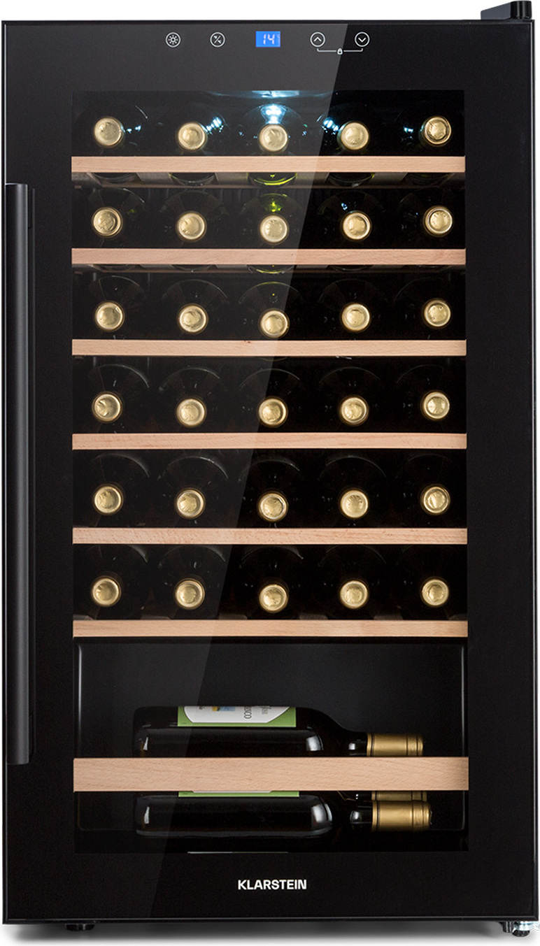 Klarstein Weinkühlschrank, Getränkekühlschrank Schmal, 1 Zone Kühlschrank mit Glastür, Getränkekühlschränke Freistehend, Weinkühlschrank Klein, Weinkühlschränke mit UV-Schutz, 4-18°C, 36 Flaschen HEA3-Barossa-32-uno