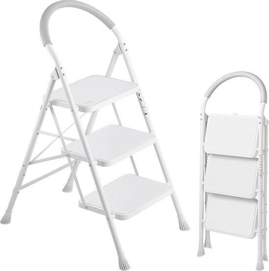 OEM Hausleiter mit 3 Stufen, klappbar, Hausleiter mit Handlauf und breitem Anti-Rutsch-Fuß, tragbare Stahl-Hausleiter, belastbar bis 200 kg, weiß 2026