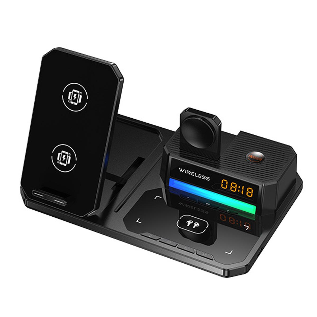 Novzep Kabelloses 6-in-1 Ladegerät – Schnellladung für Handy, iWatch, AirPods, LED Uhr & RGB Licht, Bluetooth Musikstation KAUF-ALRI-CE2384-015