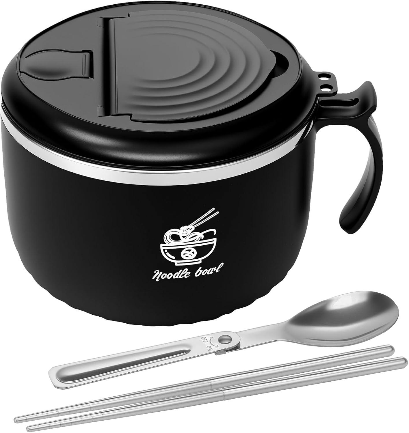 Merkloos Rührschüssel Ramen-Schüssel-Set mit Deckel, 1600 ml Instant-Nudelschüssel, isolierte und dichte Nudelschüssel, Ramenschüssel mit Löffel und Stäbchen (