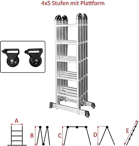 Mehrzweckleiter 550cm, 6 in 1 Multifunktionsleiter Aluminium, Klappleiter mit 2 Rollen und Plattform, 4 x 5 Silber-Klappbare Vielzweckleiter bis 150KG CEEDIR