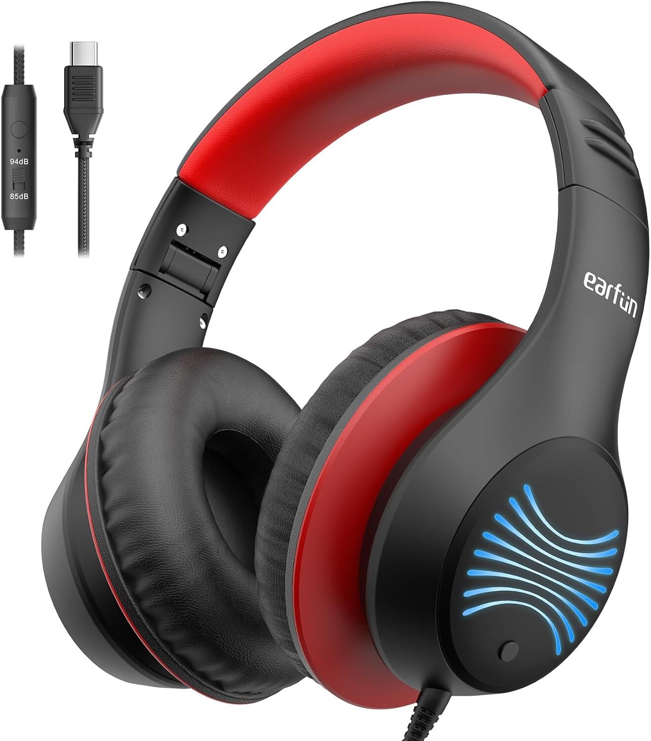 Detské slúchadlá EarFun so svetlami LED, kábel USB-C, obmedzovač hlasitosti 85 dB, mikrofón HD, skladacie, nastaviteľné, pohodlné nosenie, zvuk Hi-Fi