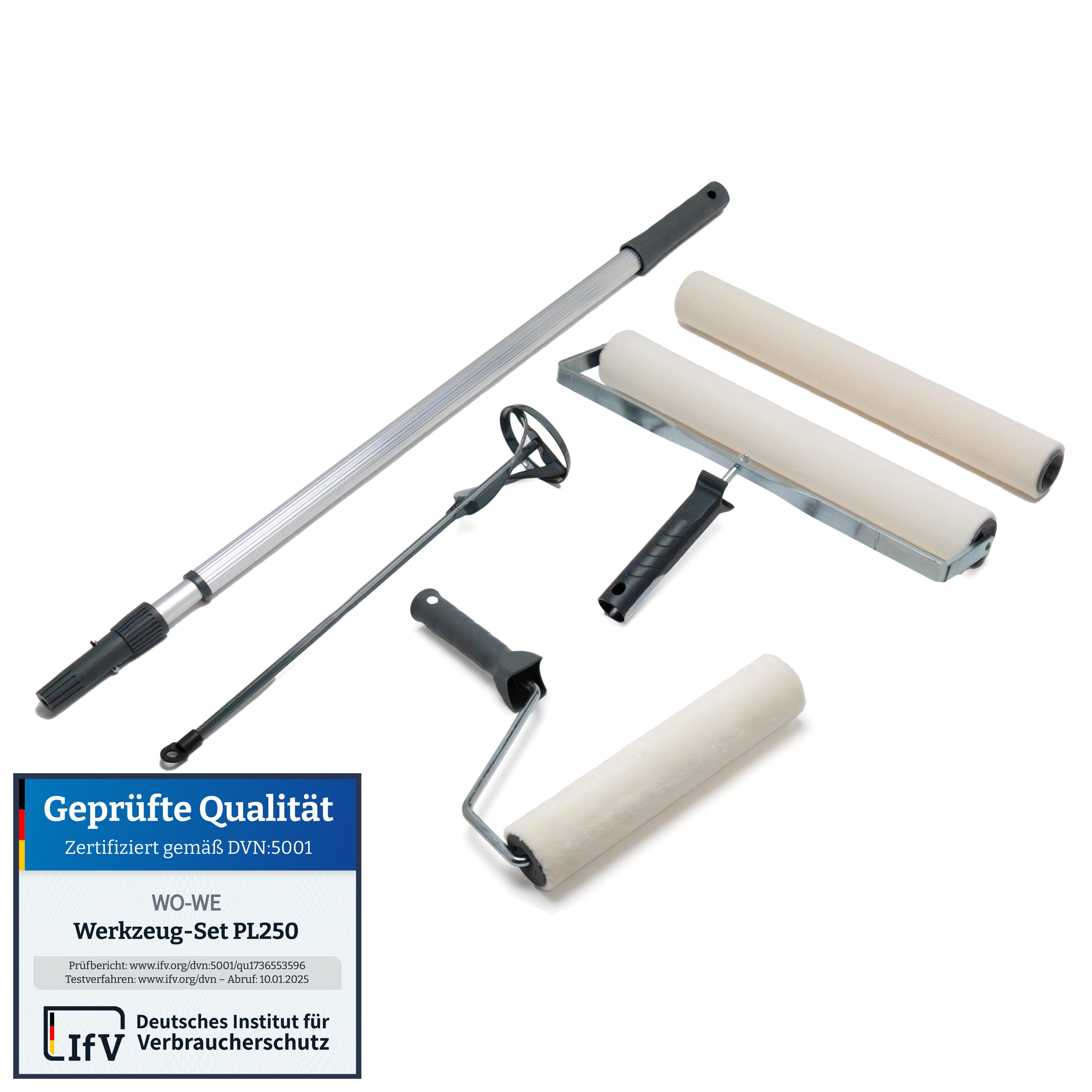 WO-WE Bodenbeschichtung werkzeug Set 5tlg PL250 | 40cm und 25cm Bodenbeschichtungswalze | 40cm Ersatzrolle | Teleskopstiel | Rührquirl