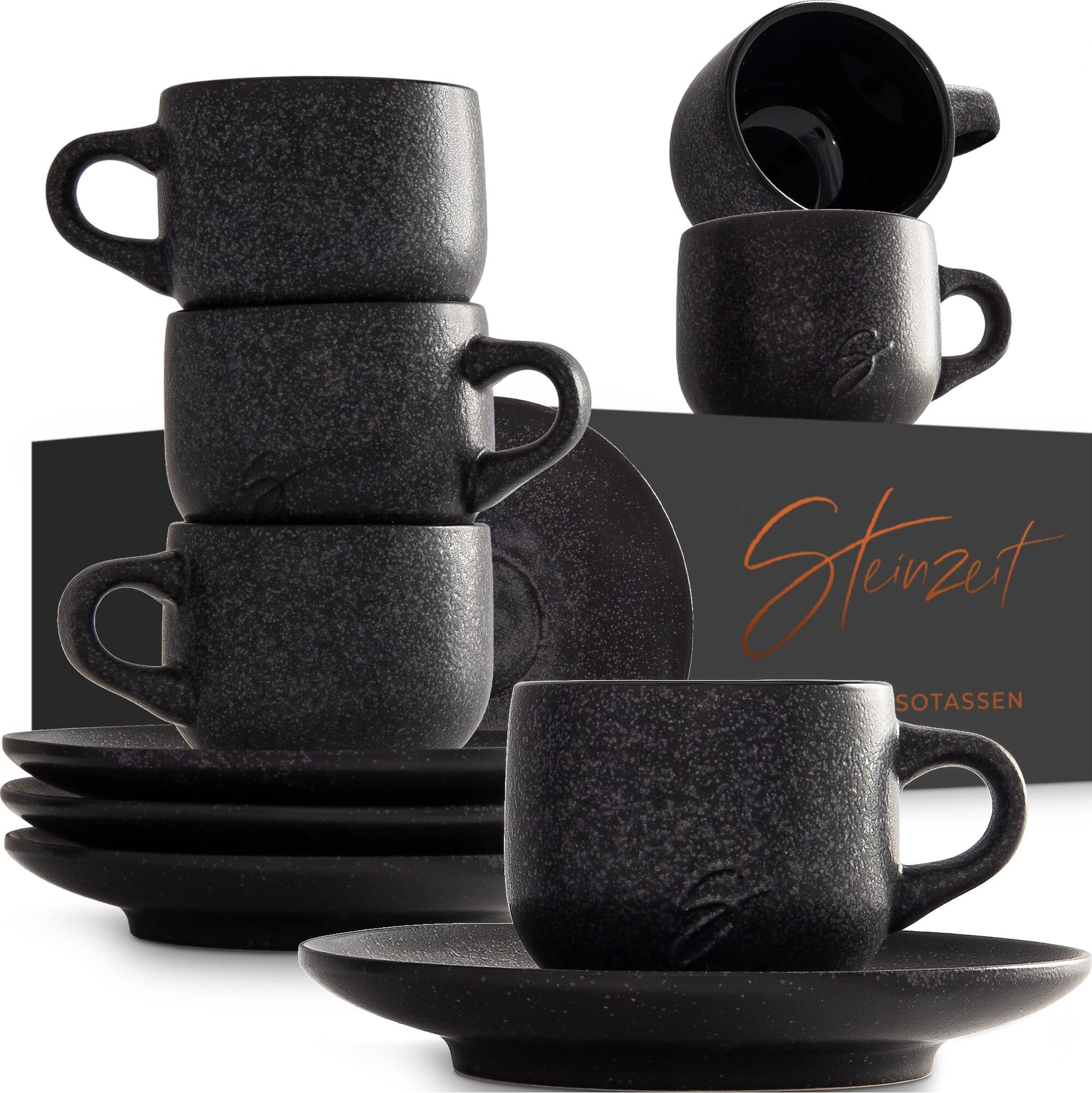 Steinzeit Design Espressotassen (6x80ml) - Espressotassen Set mit passenden Untertassen - Espressokaffeetassen aus 100% Handfertigung - Schwarz