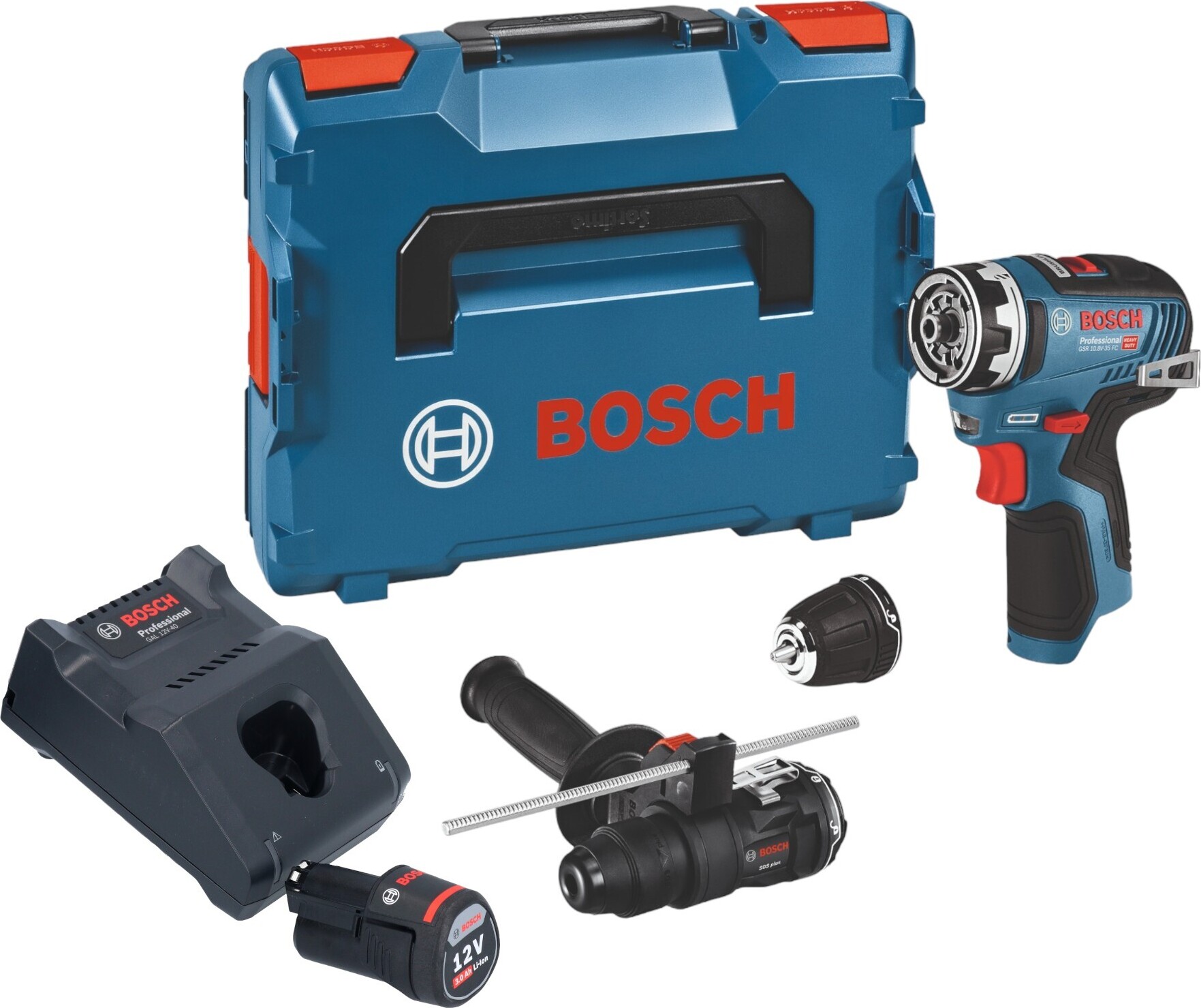 Bosch GSR 12V-35 FC Akku Bohrschrauber 12 V 35 Nm Brushless + 1x Akku 3,0 Ah + Ladegerät + 2x Aufsatz + L-Boxx