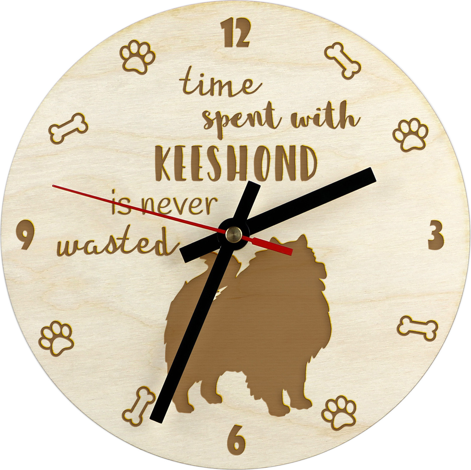 Keeshond I - hodiny so psom, drevené hodiny s gravírovaním, personalizované hodiny od Art-Dog