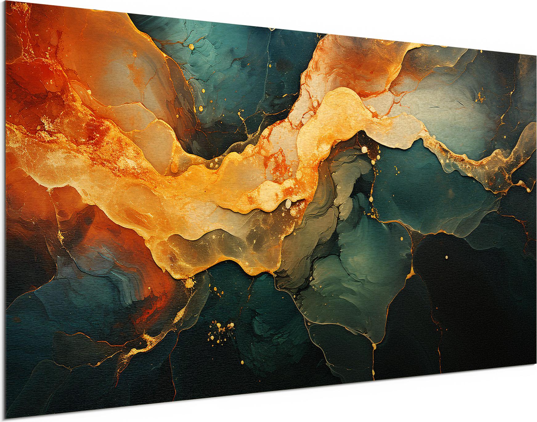 DEQORI Alu-Dibond Bild Gold 100x50 cm 'Magmatischer Glanz' Wandbild Metall dünn Design AD-100-50-G-5416-UV