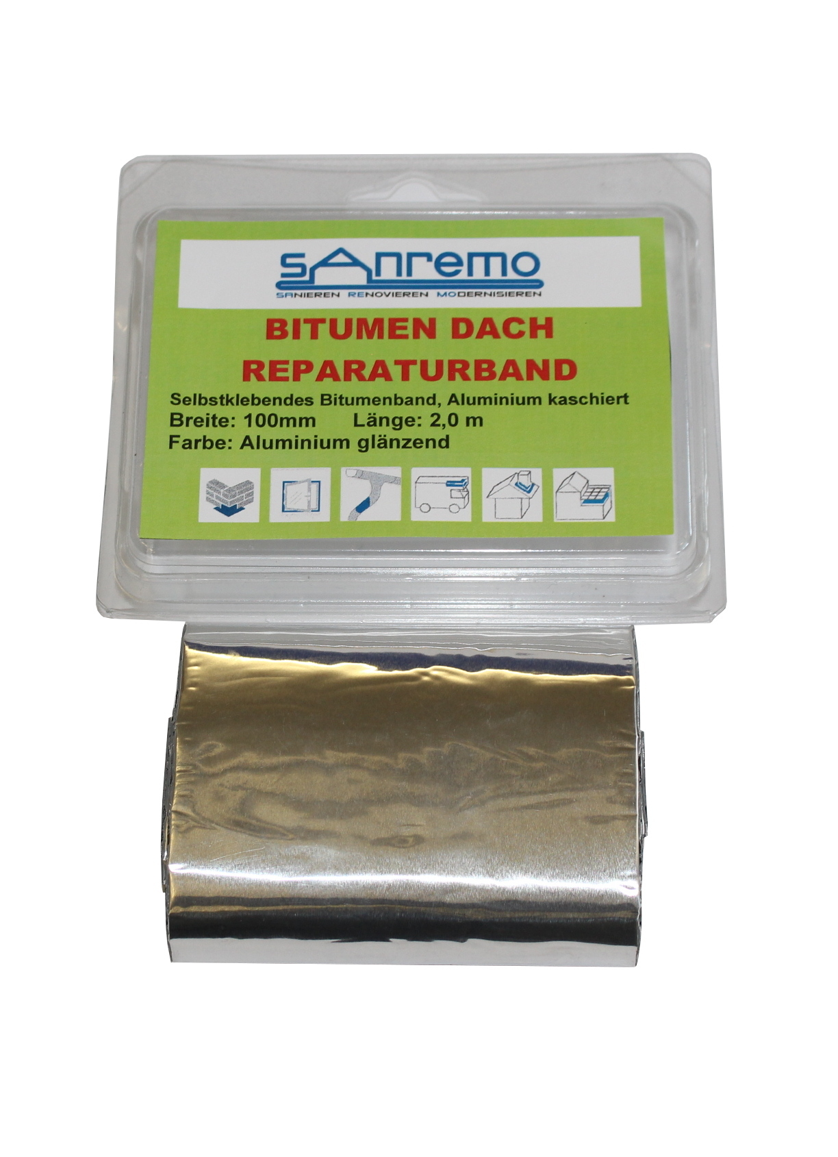 Sanremo Bitumendichtband Reparaturband Dach Dachdeckerband 100mm x 2m x 1,5mm Silber