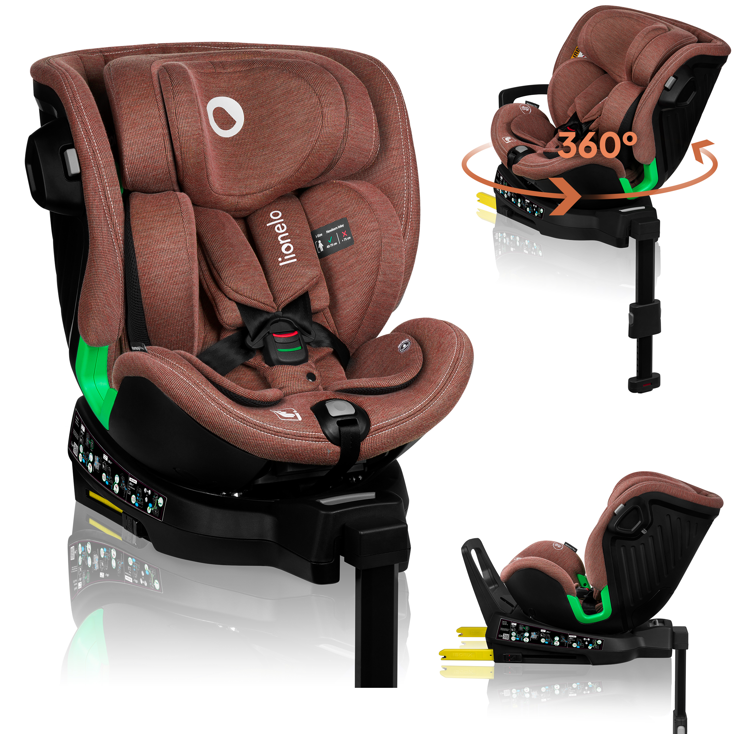 Lionelo Kindersitze Harmony i-Size, 360° EasyTurn Basis, ISOFIX und Stützfuß, BuckleAlarm, Side Impact Guard, Verstellbare Kopfstütze und Rückenlehne - Rot