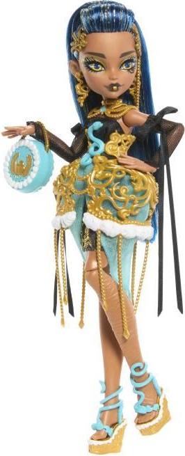 Monster High Puppe Cleo De Nile, Monströser Geburtstag, Gold und Türkis Kleid, 11 Artikulationspunkte, 7 Zubehörteile MATJBG76