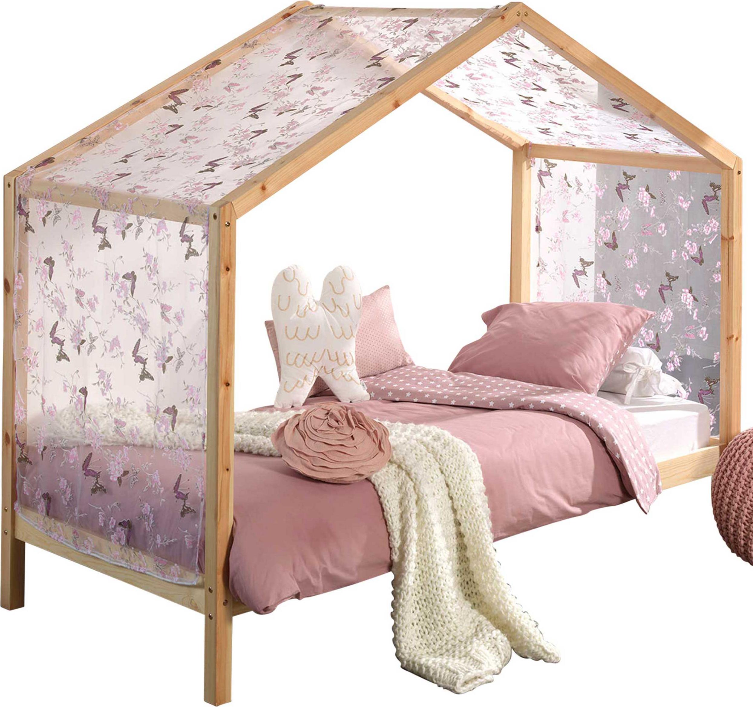 Hausbett Dallas 3 90x200 und Voile mit Schmetterlingsmuster - Kieferholz/rosa