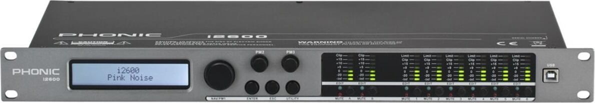 Phonic Wiedergabeprozessor i2600 mit 2 Eingängen, 6 Ausgängen, AES/EBU und USB