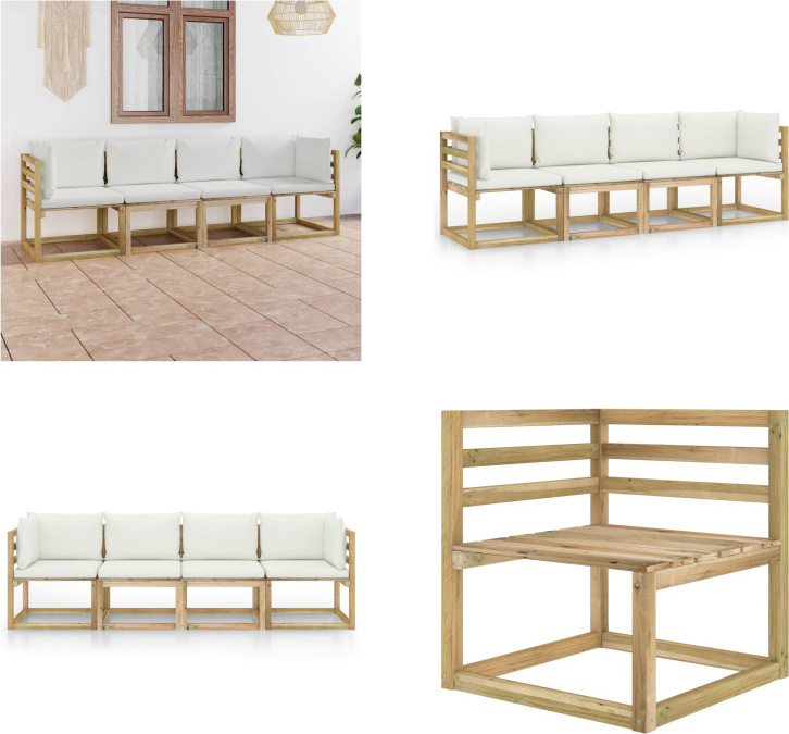 vidaXL Záhradná pohovka 4-miestna s vankúšmi v krémovej farbe - Záhradná pohovka - Drevená pohovka - 4-miestna záhradná pohovka