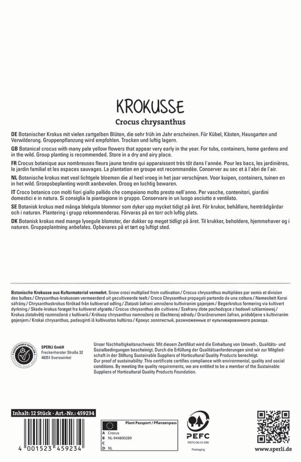 Sperli GmbH Wildkrokusse chrysanthus Romance, kleinblumige zahrtgelbe Krokusse, frühe Blüte, Nektarspender 459234