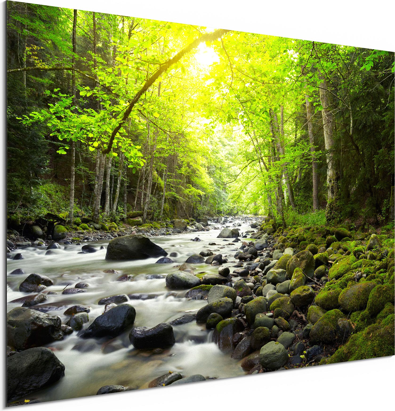 DEQORI Alu-Dibond Bild Weiß 60x40 cm 'Steiniges Flussbett' Wandbild Metall dünn Design AD-60-40-W-1306-UV