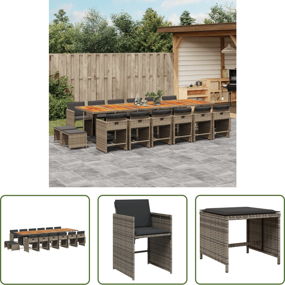 The Living Store 17-dielny záhradný jedálenský set s vankúšmi sivý polyratan