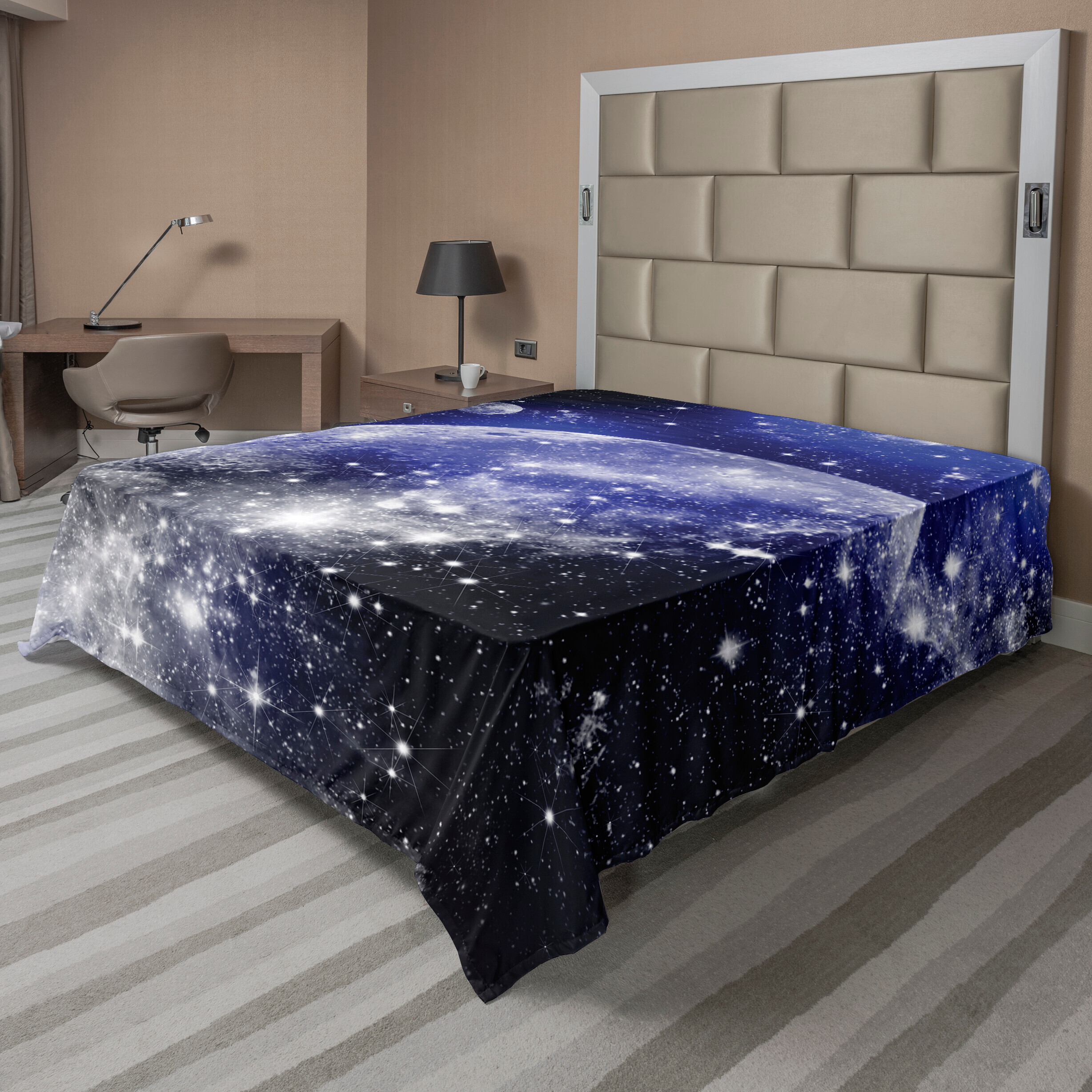 KOZMOS TEKSTL VE GER DÖNÜÜM SANAY TCARET LMTED RKET ABAKUHAUS Platz Bettlaken, Monde Sterne Galaxie abbildung einer Planetare Nomenklatur als Digitaldruck, weiches bequemes oberes Bettlaken für ein dekoratives Bett 1 Stück 275 cm x 260 cm, Blau Navy White flat_7590_calking_de