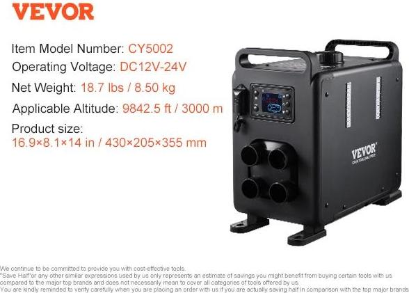 Dieselový ohrievač, tepelný výkon 8 kW, diaľkové ovládanie Bluetooth, čierny