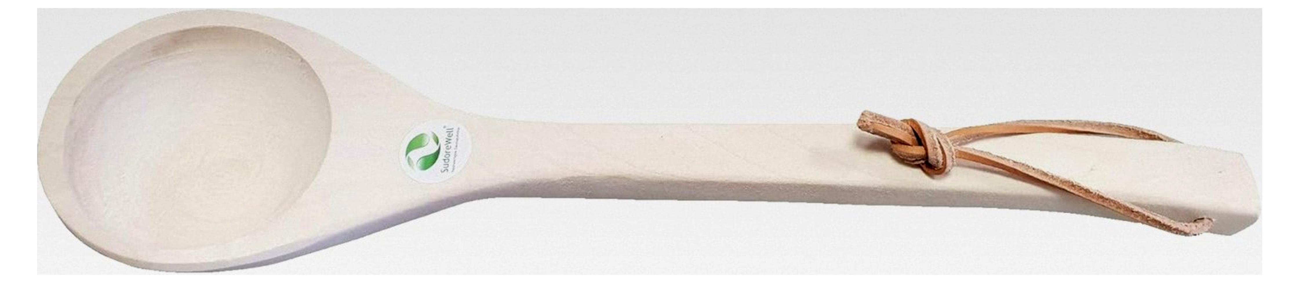 Markenlos Sauna Aufgusskelle aus Weichholz 40 cm mit Lederriemen