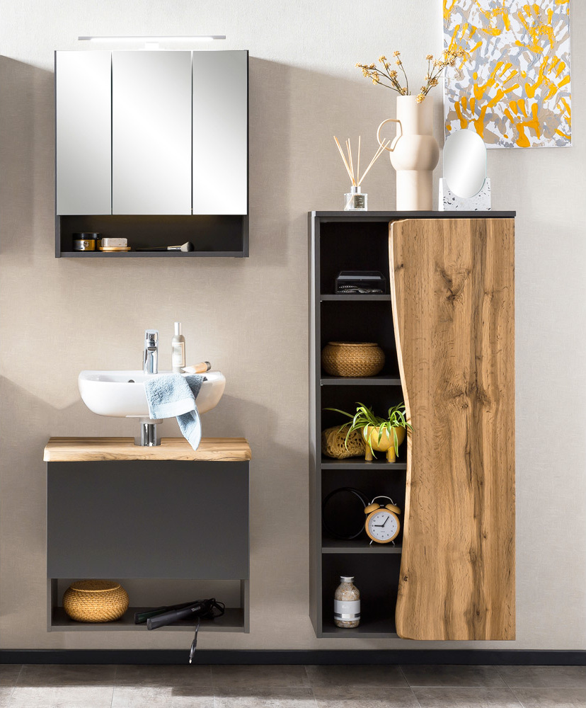 Lomadox Badmöbel Set mit LED Spiegelschrank KAHLA-03 in anthrazit mit Wotan Eiche Nb. in Baumkantenoptik, B/H/T: ca. 141/200/40 cm KAHLA-03-SET6