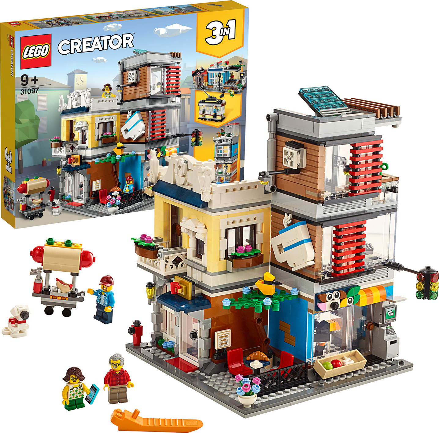 LEGO 31097 Creator 3in1 Stadthaus mit Zoohandlung & Café, Modellbausatz, Spielzeug, Gebäude aus Bausteinen, Geschenk für Mädchen und Jungen ab 9 Jahre