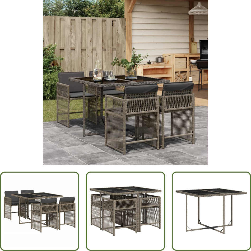The Living Store 5-dielny záhradný jedálenský set s vankúšmi sivý polyratan