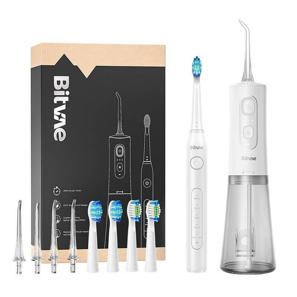 Bitvae D2+C2 súprava ultrazvukovej zubnej kefky a irigátora, 350 mAh, IPX7, 300 ml (irigátor), so sadou koncoviek, biela