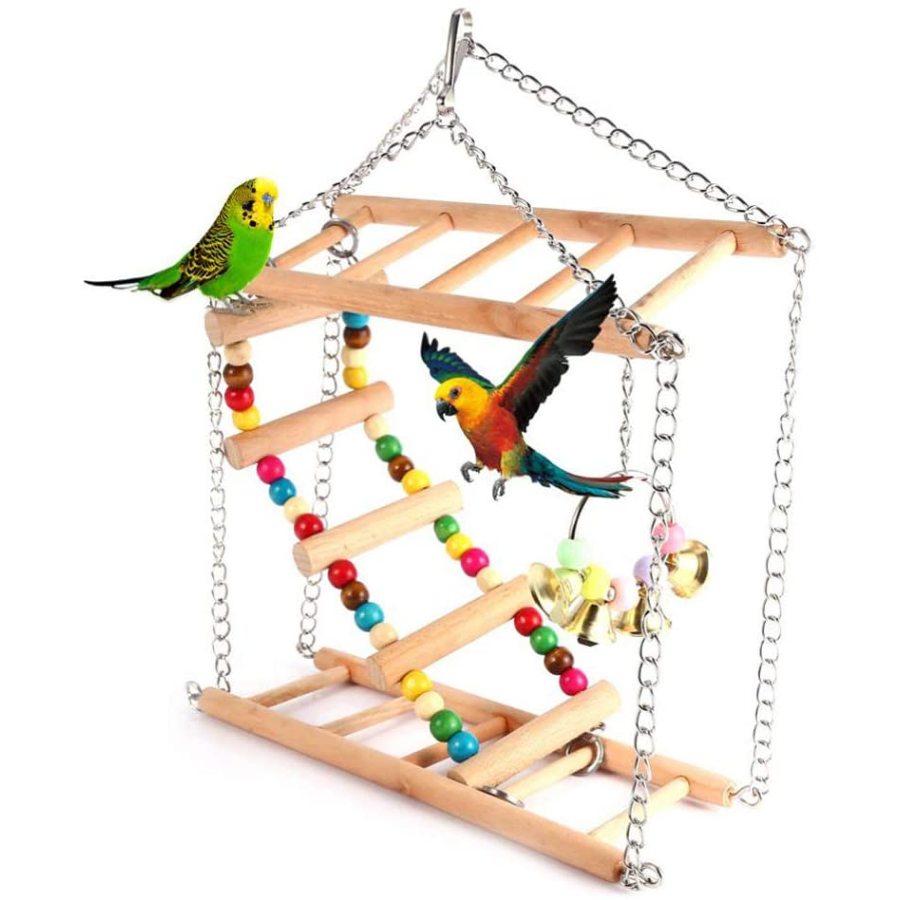 Vogelschaukel Aus Holz Mit Kletterbrücke – Spielzeug Für Kleine & Mittelgroße Vögel (ca. 30 Cm Hoch)