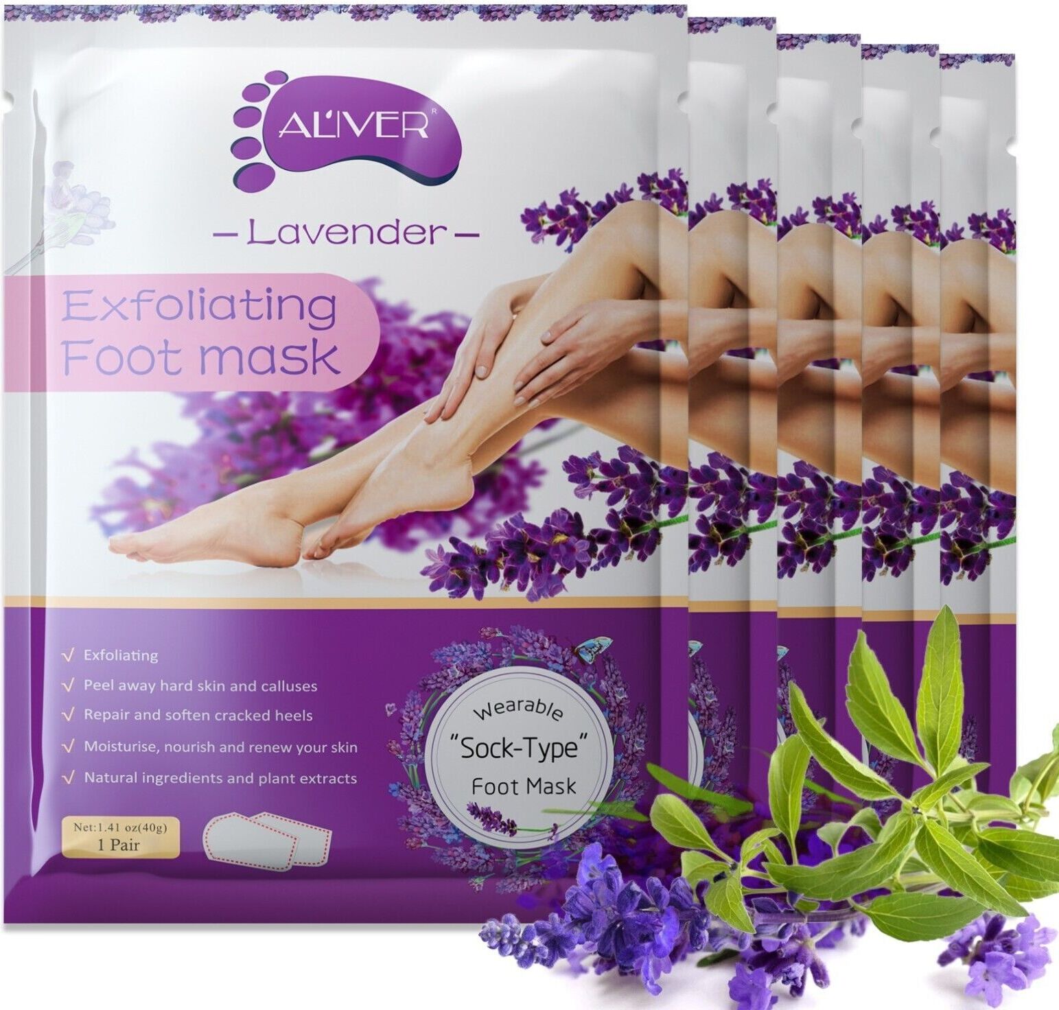 ALIVER Fußmaske Fusspeeling Fußpflege Anti Hornhaut Socken Hornhautentferner Lavendel, Menge:5 Paar NEW-2462