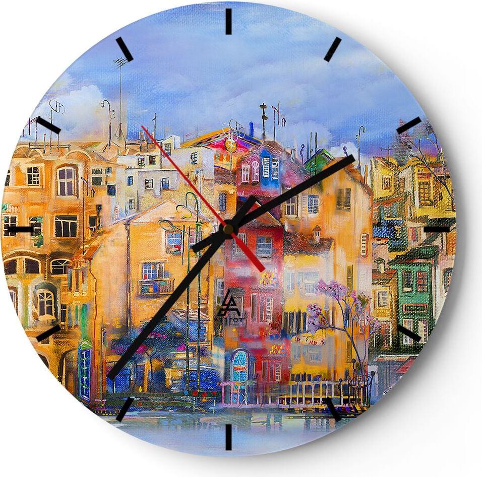 Arttor Wanduhr - Rund - Glasuhr - Altstadt Mietshaus - 40x40cm - Schleichendes Uhrwerk - Lautlos - zum Aufhängen bereit - Dekoration Modern - Wanddekoration aus Glas - C3AR40x40-3419