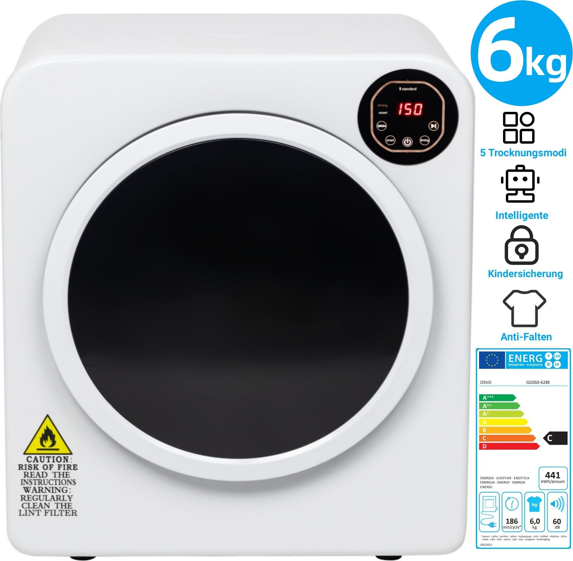 FCH Trommeltrockner Ablufttrockner Frontlader-Ablufttrockner 6 kg 1500W 5 Trocknungsprogramme mit Kindersicherung