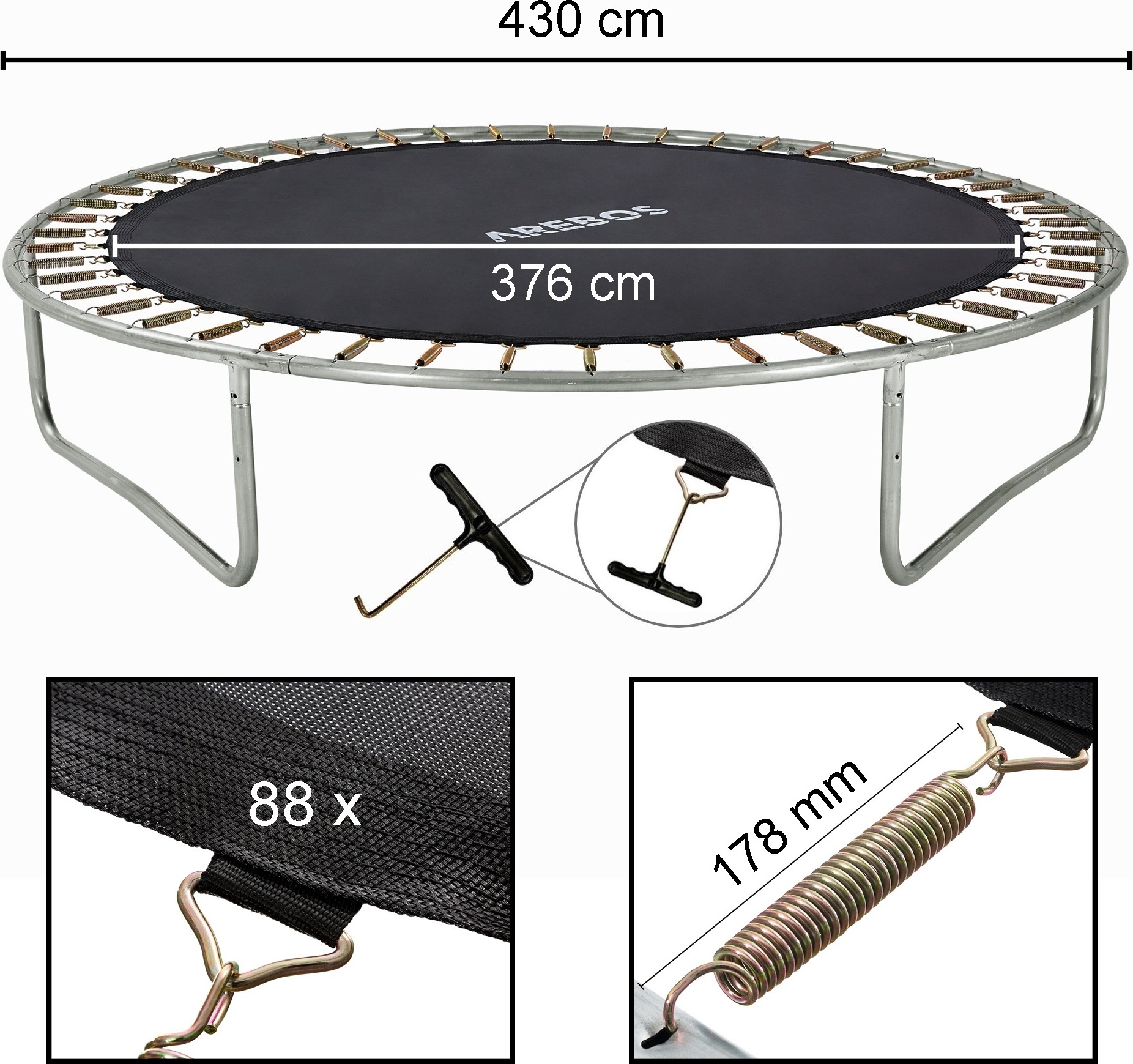 Skákacia podložka AREBOS Ø 376 cm pre trampolíny s Ø 430 cm 178 mm pružiny 88 očiek