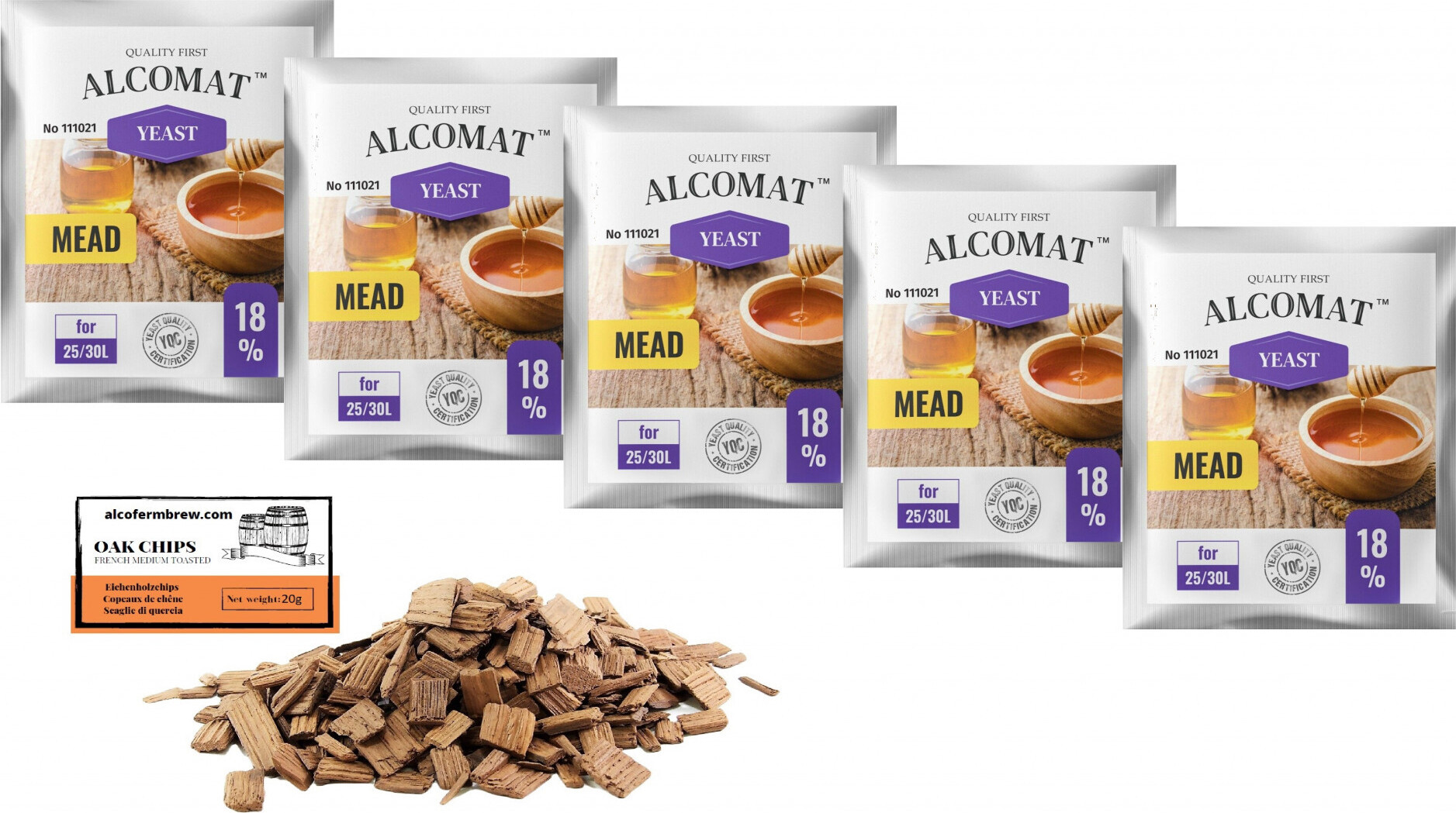 Alcofermbrew 5 x Honigwein Hefe 5g/25-30L + Eichenholzchips, Alcomat Trocken Methefe, Weinhefe
