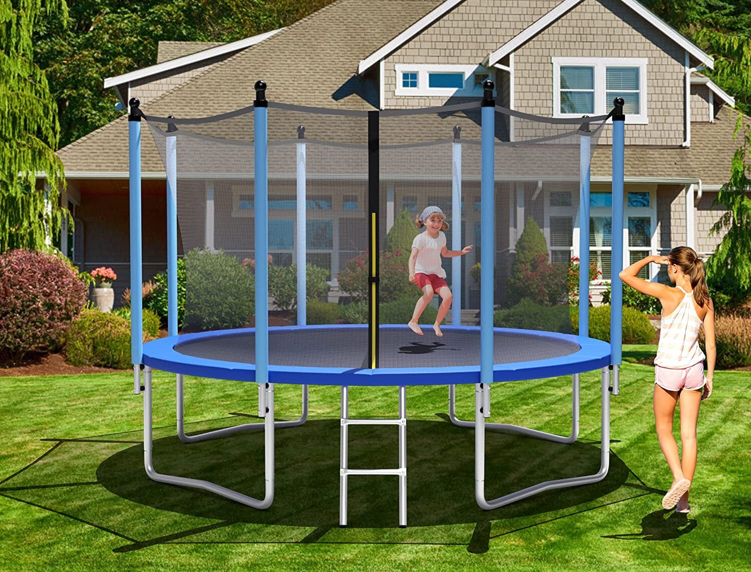 COSTWAY φ305cm Trampolína Vonkajšia záhradná trampolína s rebríkom Skákacia rohož Bezpečnostná sieť a kryt okraja Trampolína Kompletná sada
