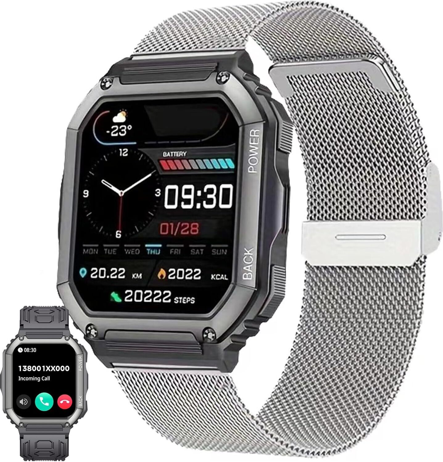 ZPIMY Herren Smartwatch mit Telefonfunktion, AMOLED 5ATM wasserdichte Fitness Taschenlampe Schrittzähler, Herzfrequenz, SpO2, Sportuhr, Aktivitätstracker