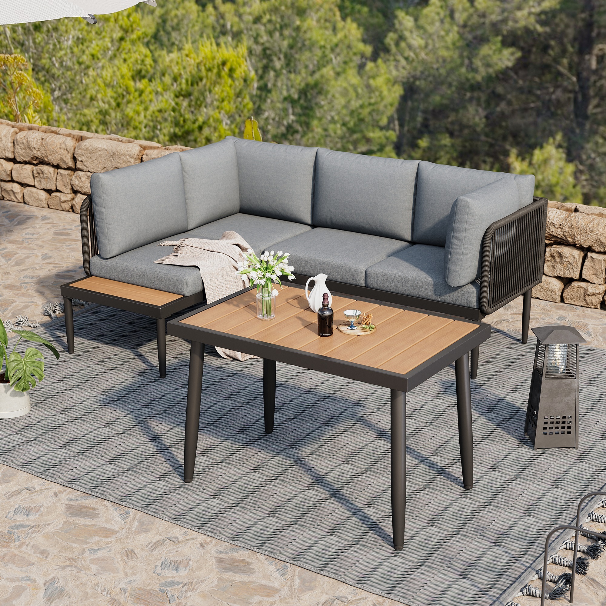 MODFU Garten-EssgruppeGarten Lounge Set4er-Set, Balkonmöbel , Balkonset Ecksofa-set Gartenmöbel Set, Outdoor Sitzgruppe mit Ecksofa & Esstisch, Grau