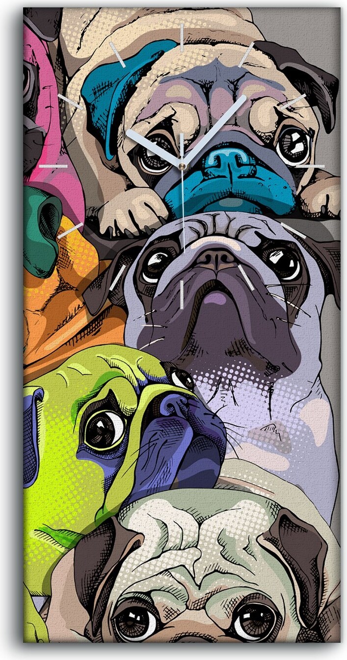 coloray Wanduhr Uhr Wandbild Leinwand 30x60 Porträt von vielen Möpsen Pop Kunst - weiße Hände zcv-1277254633-30x60-b