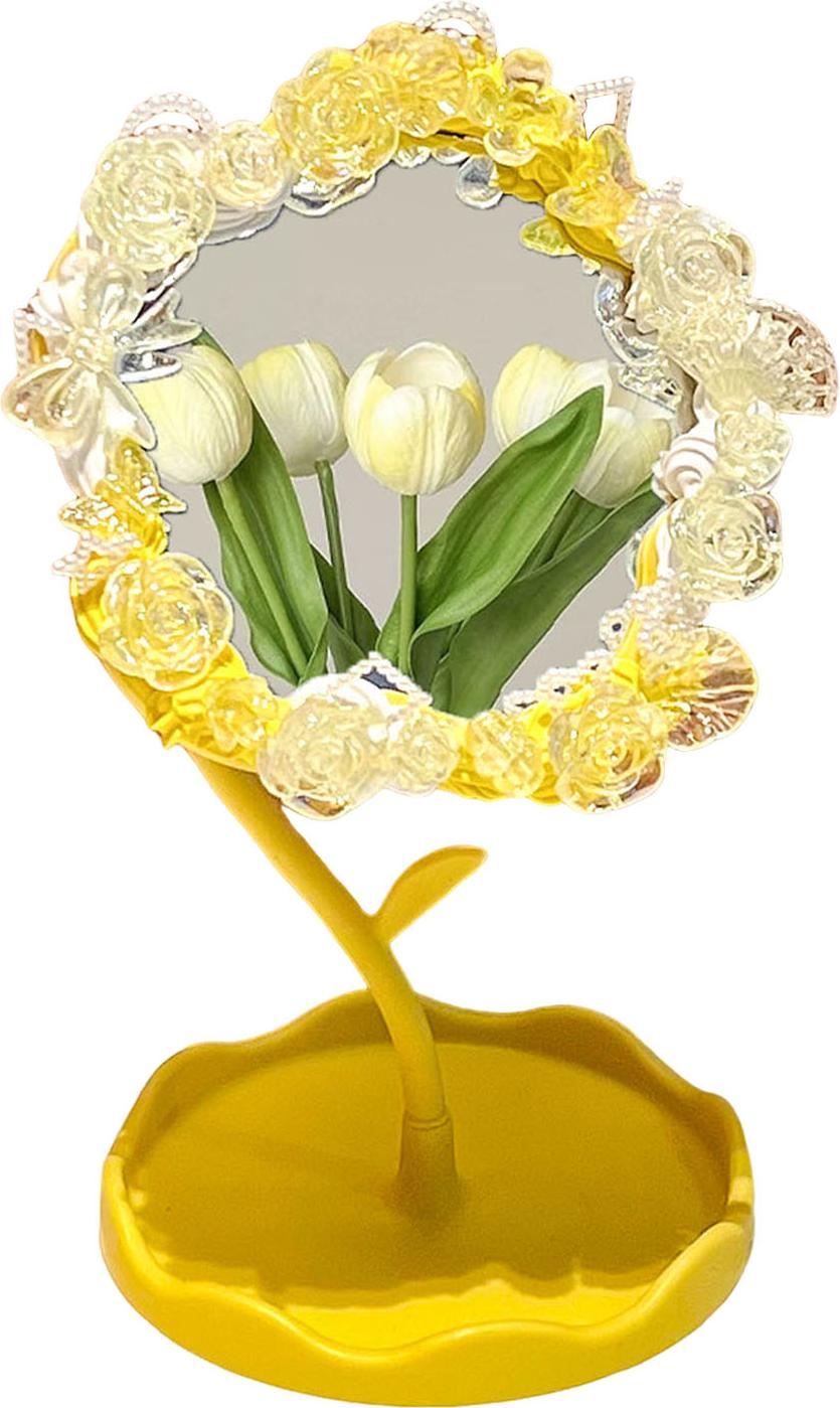 Bremen DIY handgefertigter Blumen-Schreibtischspiegel mit Ablage, drehbarer Kosmetikspiegel für den Schreibtisch, Mehrzweck-Schminktischspiegel für Damen, Schmuck-Organizer 4498495