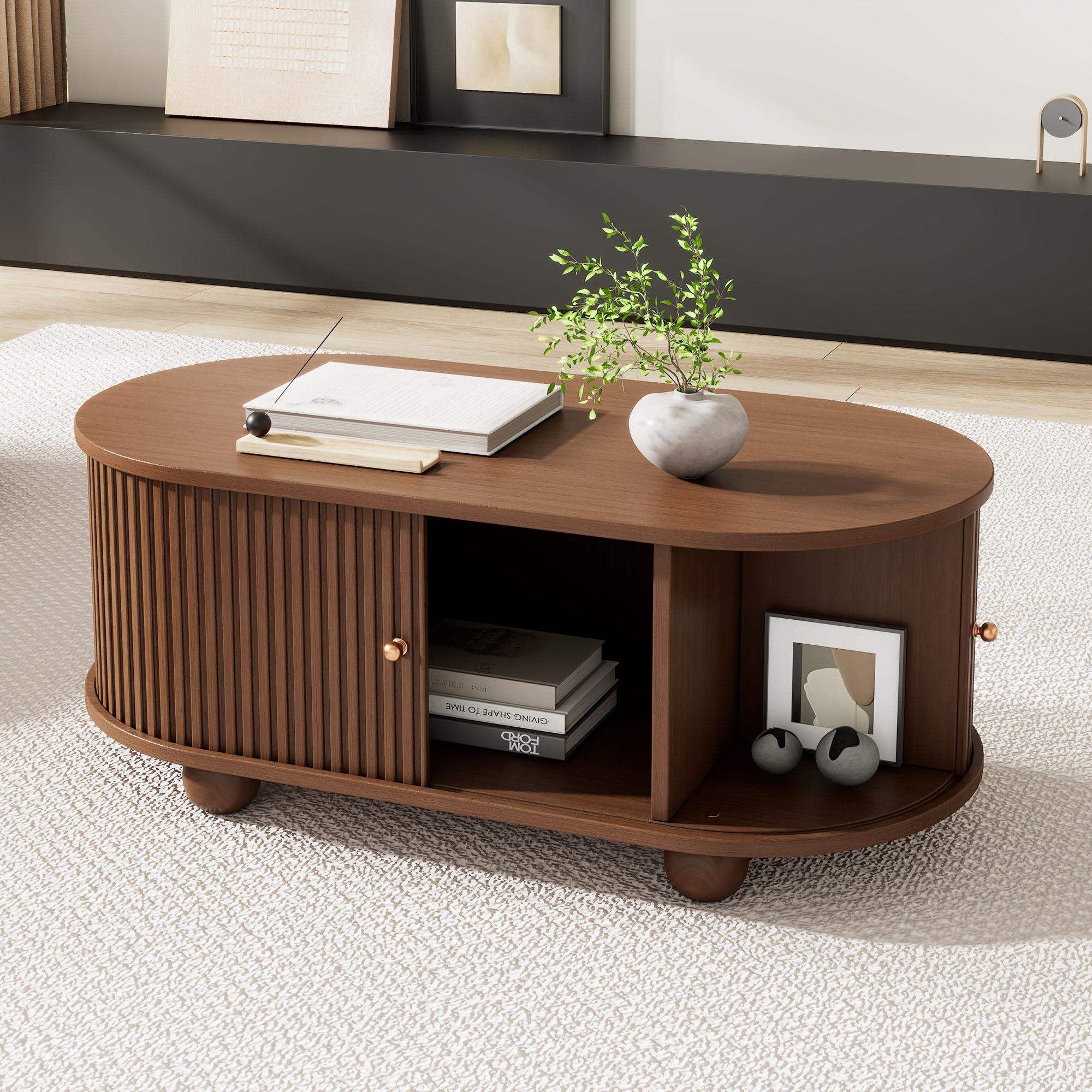 MODFU 100 x 50 x 40 cm Couchtisch holz ,Beistelltisch braun mit Schiebetüren,Wohnzimmertisch mit 360 Grad und Multifunktionsmöbel