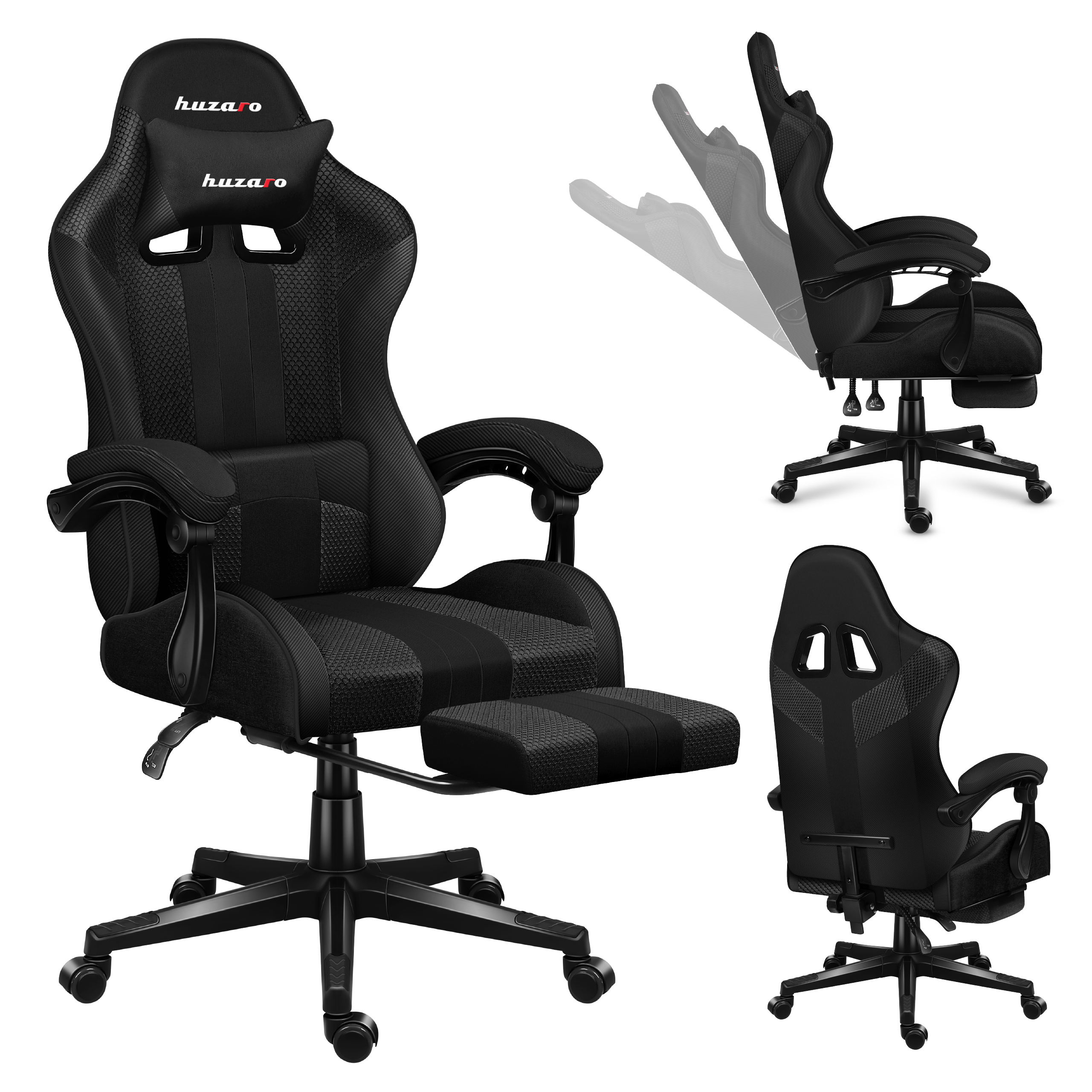 Huzaro Force 4.7 | herná stolička kancelárska stolička počítačová stolička PC stolička | 90-140° uhol sklonu opierky hlavy bedrový vankúš podnožka látka | čierna