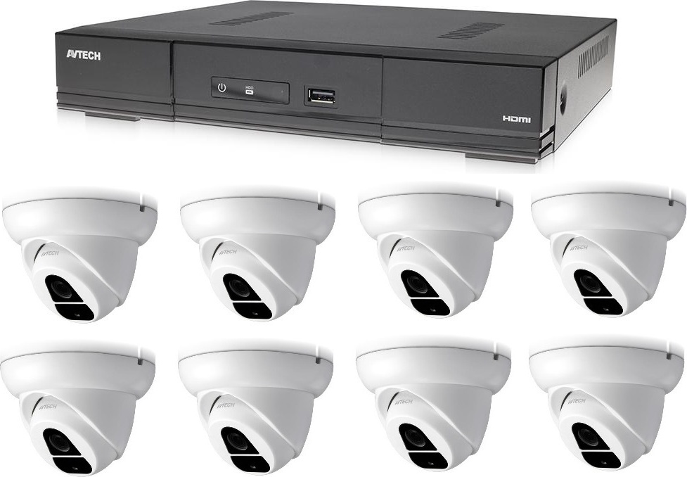 Überwachungskamera Set 8CH H.265, 1x AVTECH DVR DGD1009AV, 8x 2MPX Dome kamera AVTECH DGC1004XFT, Überwachungssystem mit 4x Stromversorgung, 1080p Video, IP66 wasserdichte KSHDTV7