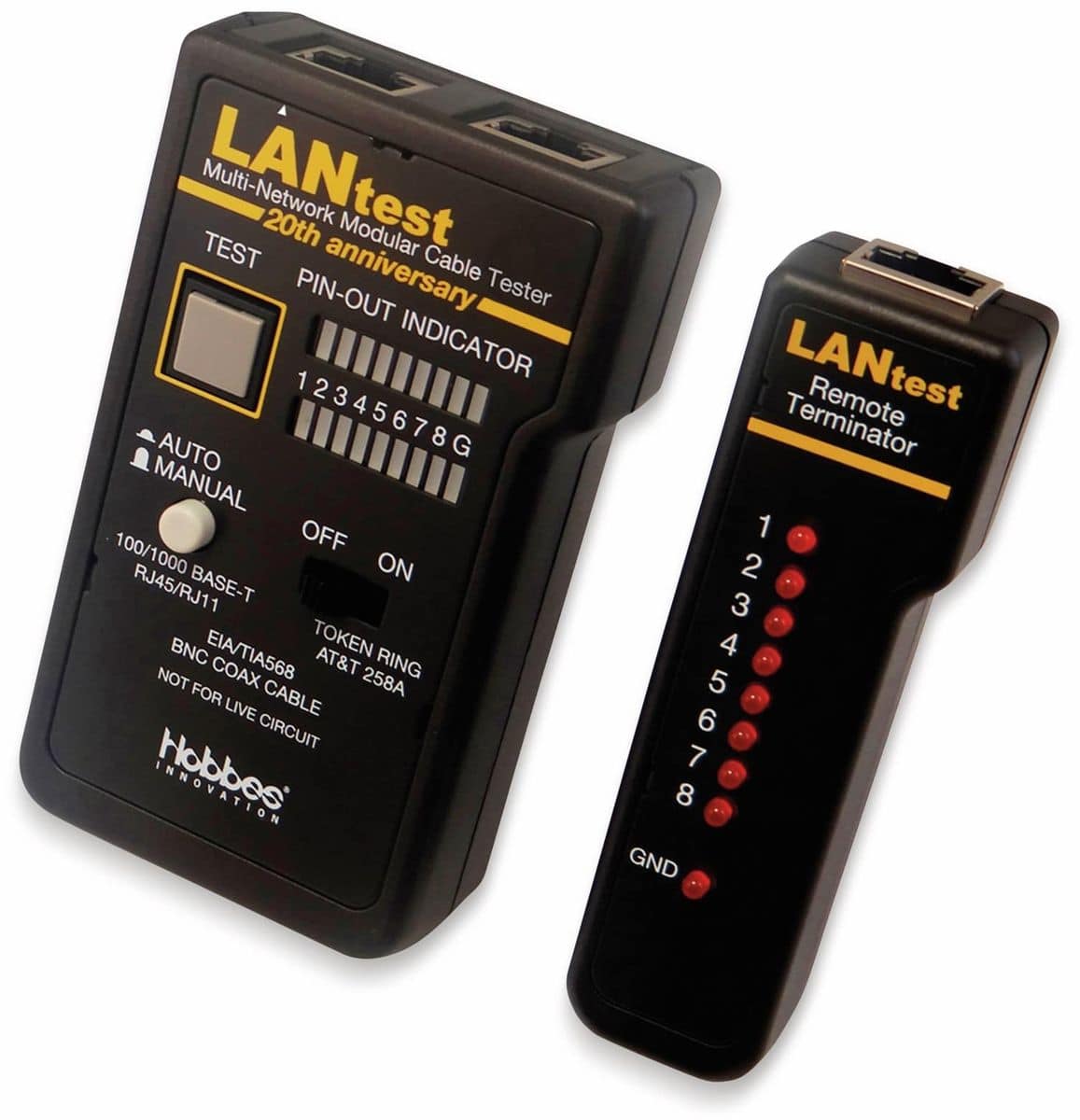 HOBBES LANtest, Verdrilltes Doppelkabelprüfgerät, RJ-45, Kontinuitätsprüfung, Querverbindungsprüfung, Abschirmungsprüfung, Schwarz 256551/20TH