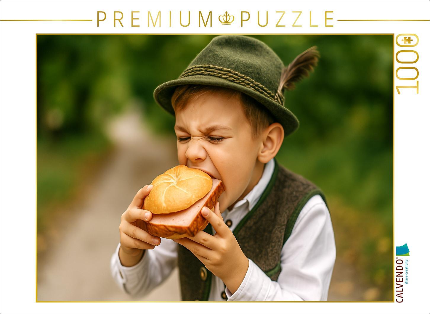 CALVENDO Puzzle Kind in Tracht beißt in eine Leberkässemmel | 1000 Teile Lege-Größe 64x48cm Foto-Puzzle für glückliche Stunden